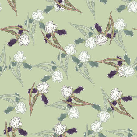 Vintage style seamless pattern with doodle iris flower ornament. Light green background. Vector illustration for seasonal textile prints, fabric, banners, backdrops and wallpapers.のイラスト素材