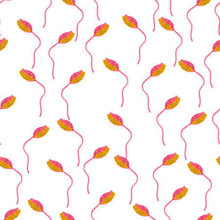 Isolated seamless pattern with small yellow and pink poppy bud flower silhouettes ornament. White background. Stock illustration. Vector design for textile, fabric, giftwrap, wallpapers.のイラスト素材