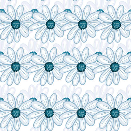 Simple floral seamless pattern with blue contoured daisy flowers print. White background. Hand drawn style. Stock illustration. Vector design for textile, fabric, giftwrap, wallpapers.のイラスト素材