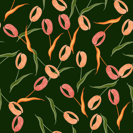 Doodle seamless pattern with pink random tulip shapes print. Dark green background. Vintage style. Graphic design for wrapping paper and fabric textures. Vector Illustration.のイラスト素材