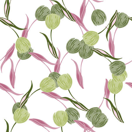 Abstract geometric style seamless isolated pattern with green and purple colored tulip buds shapes. Flat vector print for textile, fabric, giftwrap, wallpapers. Endless illustration.のイラスト素材