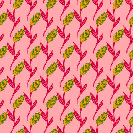 Little yellow and green ear of wheat elements print. Pink background. Natural agriculture ornament. Graphic design for wrapping paper and fabric textures. Vector Illustration.のイラスト素材
