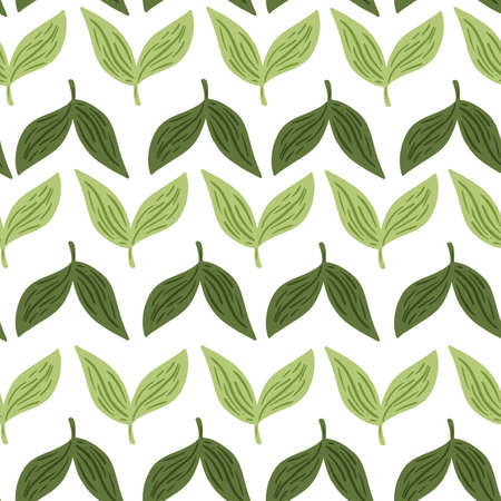 Simple style seamless pattern with minimalistic green leaves ornament. White background. Isolated print. Vector illustration for seasonal textile prints, fabric, banners, backdrops and wallpapers.のイラスト素材