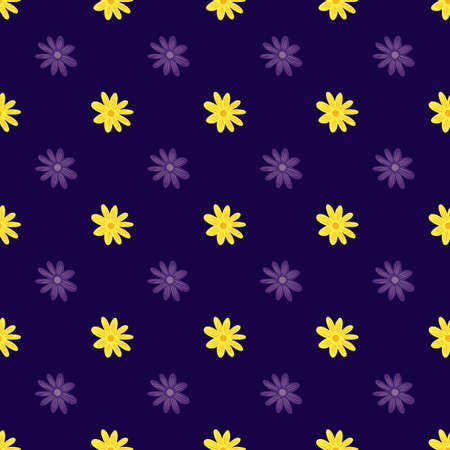 Summer botany seamless pattern with doodle yellow flowers daisy print. Dark purple background. Graphic design for wrapping paper and fabric textures. Vector Illustration.のイラスト素材