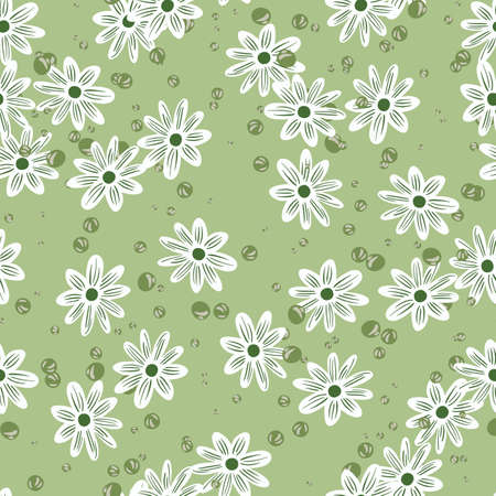 Hand drawn spring seamless pattern with random white flowers shapes. Pastel green background with bubbles. Flat vector print for textile, fabric, giftwrap, wallpapers. Endless illustration.のイラスト素材