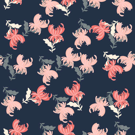 Random pink flowers chrysanthemum elements shapes. Navy blue background. Floral romantic backdrop. Flat vector print for textile, fabric, giftwrap, wallpapers. Endless illustration.のイラスト素材