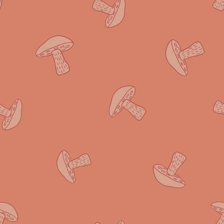 Minimalistic seamless pattern with random Leccinum scabrum mushroom ornament. Pink background. Stock illustration. Vector design for textile, fabric, giftwrap, wallpapers.のイラスト素材