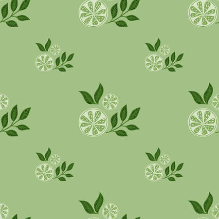 Food fresh seamless pattern with doodle hand drawn lime with leaves ornament. Pastel green tones. Graphic design for wrapping paper and fabric textures. Vector Illustration.のイラスト素材