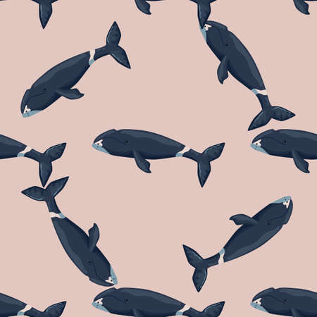 Seamless pattern Bowhead whale on pink background. Template of cartoon character of ocean for children. Repeated random texture with marine cetacean. Design for any purposes. Vector illustration.のイラスト素材
