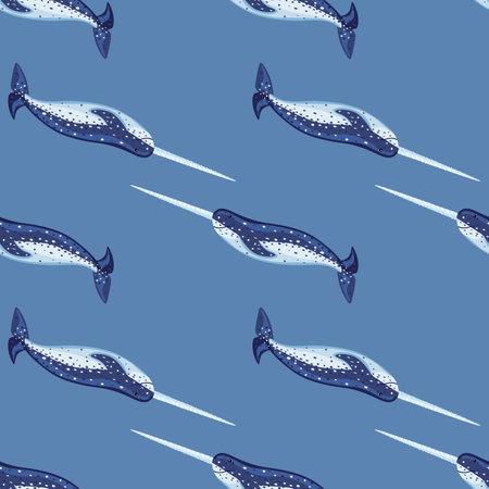 Seamless pattern Narwhal on blue background. Template of cartoon character of ocean for fabric. Repeated symmetry texture with marine cetacean. Design for any purposes. Vector illustration.のイラスト素材