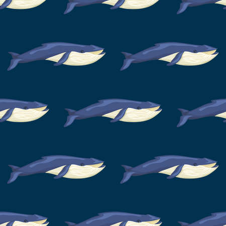 Seamless pattern Blue whale on blue background. Template of cartoon character of ocean for fabric. Repeated geometrical texture with marine cetacean. Design for any purposes. Vector illustration.のイラスト素材
