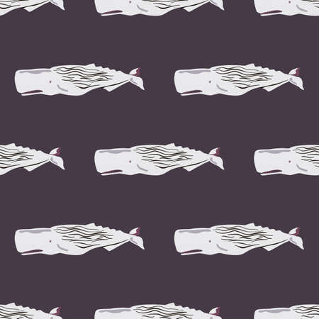 Seamless pattern cachalot on purple background. Template of cartoon character of ocean for fabric. Repeated geometrical texture with marine cetacean. Design for any purposes. Vector illustration.のイラスト素材