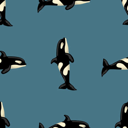 Seamless pattern Orca on dark blue background. Template of cartoon character of ocean for children. Repeated texture with marine cetacean. Design for any purposes. Vector illustration.のイラスト素材