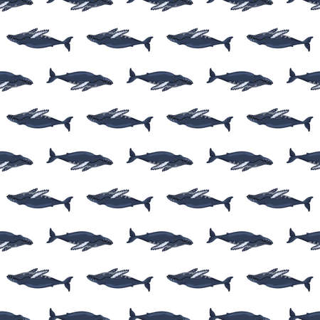 Seamless pattern Humpback whale on white background. Template of cartoon character of ocean for children. Repeated small texture with marine cetacean. Design for any purposes. Vector illustration.のイラスト素材