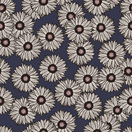 Seamless pattern sunflowers dark background. Beautiful texture with line sunflower. Random floral template in doodle style for fabric. Design vector illustration.のイラスト素材