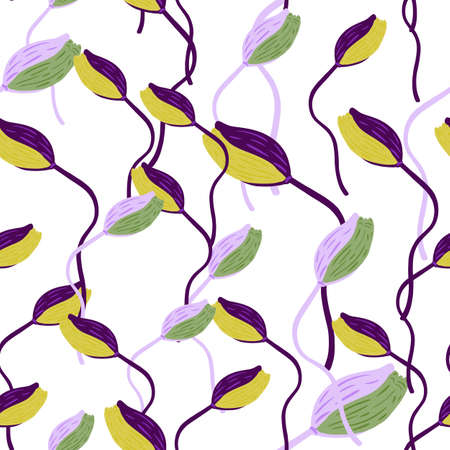 Spring seasonal seamless pattern with yellow, purple and green colored poppy buds flower ornament. Isolated print. Stock illustration. Vector design for textile, fabric, giftwrap, wallpapers.のイラスト素材