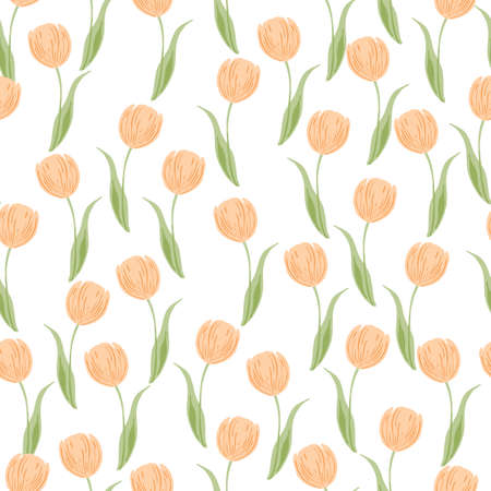 Isolated seamless pattern with random little orange tulip flowers shapes. White background. Summer season. Flat vector print for textile, fabric, giftwrap, wallpapers. Endless illustration.のイラスト素材