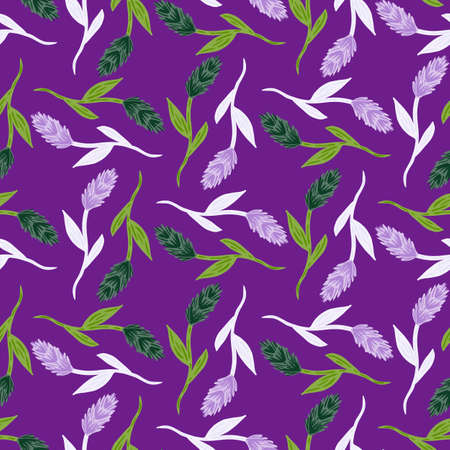 Botany seamless pattern with ear of wheat ornament in geometric style. Purple bright background. Graphic design for wrapping paper and fabric textures. Vector Illustration.のイラスト素材