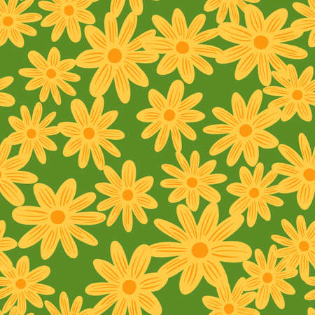 Random decor seamless pattern with yellow flowers daisy shapes. Green background. Organic print. Graphic design for wrapping paper and fabric textures. Vector Illustration.のイラスト素材