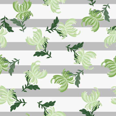 Natural seamless pattern with green abstract chrysanthemum flowers print. Striped background. Flat vector print for textile, fabric, giftwrap, wallpapers. Endless illustration.のイラスト素材