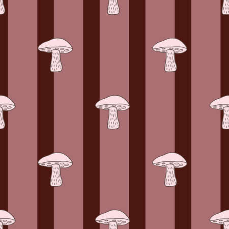 Leccinum scabrum mushroom seamless pattern in hand drawn abstract style. Maroon and pink striped background. Stock illustration. Vector design for textile, fabric, giftwrap, wallpapers.のイラスト素材