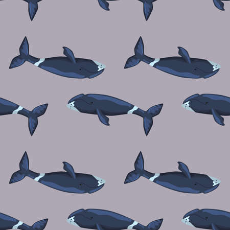 Seamless pattern Bowhead whale on gray background. Template of cartoon character of ocean for children. Repeated texture with marine cetacean. Design for any purposes. Vector illustration.のイラスト素材