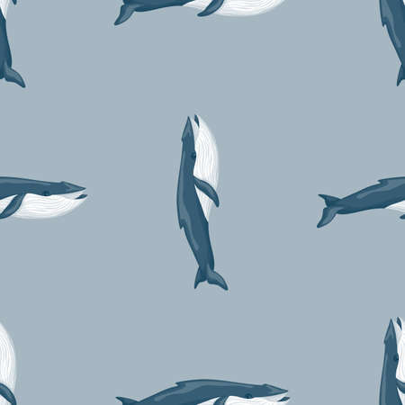 Seamless pattern Blue whale on gray background. Template cartoon character of ocean for fabric. Repeated upright geometrical texture with marine cetacean. Design for any purposes. Vector illustrationのイラスト素材