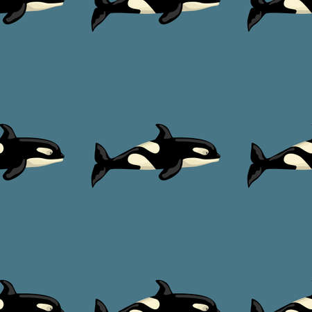 Seamless pattern Orca on blue - green background. Template of cartoon character of ocean for children. Repeated geometrical texture with marine cetacean. Design for any purposes. Vector illustration.のイラスト素材