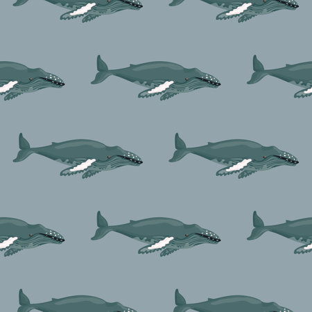 Seamless pattern Humpback whale on gray background. Template of cartoon character of ocean for children. Repeated texture with marine cetacean. Design for any purposes. Vector illustration.のイラスト素材