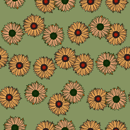 Seamless pattern sunflowers on green background. Beautiful texture with yellow and pink sunflower and leaves. Random floral template in doodle style for fabric. Design vector illustration.のイラスト素材