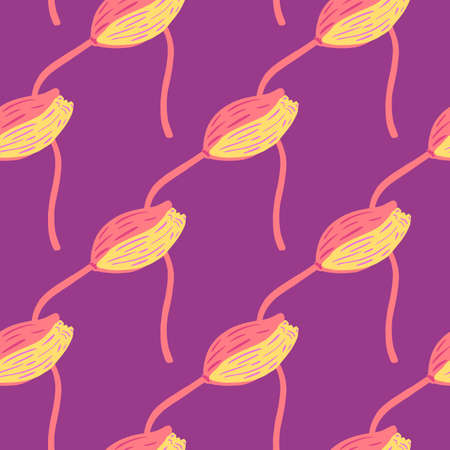 Yellow and pink colored poppy bud flower elements seamless pattern. Light purple background. Pastel colors. Stock illustration. Vector design for textile, fabric, giftwrap, wallpapers.のイラスト素材