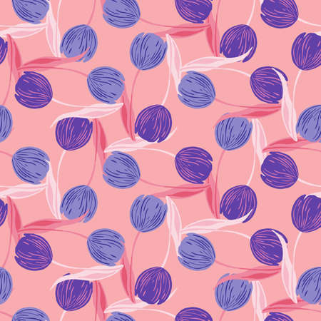 Garden seamless pattern with purple tulip buds flower ornament. Pink background. Bright floral print. Flat vector print for textile, fabric, giftwrap, wallpapers. Endless illustration.のイラスト素材
