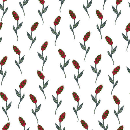 Isolated seamless pattern with pink ear of wheat silhouettes. Little ornament. White background. Graphic design for wrapping paper and fabric textures. Vector Illustration.のイラスト素材