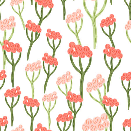 Botany seamless pattern with field yarrow pink random silhouettes. Isolated floral backdrop. Simple style. Graphic design for wrapping paper and fabric textures. Vector Illustration.のイラスト素材