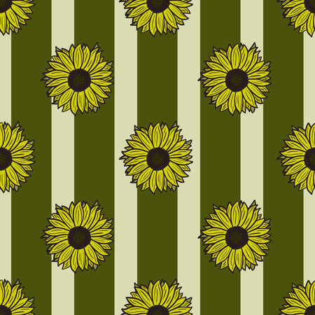 Seamless pattern sunflowers green strip background. Beautiful texture with sunflower and leaves. Geometric floral template in doodle style for fabric. Design vector illustration.のイラスト素材