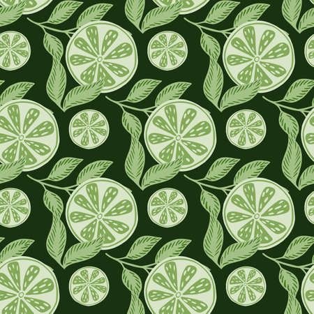 Decorative seamless pattern with green lime slices random print. Dark background. Summer botany print. Graphic design for wrapping paper and fabric textures. Vector Illustration.のイラスト素材