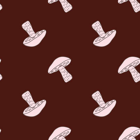 Decorative seamless pattern with light pink Leccinum scabrum mushroom ornament. Dark maroon background. Stock illustration. Vector design for textile, fabric, giftwrap, wallpapers.のイラスト素材