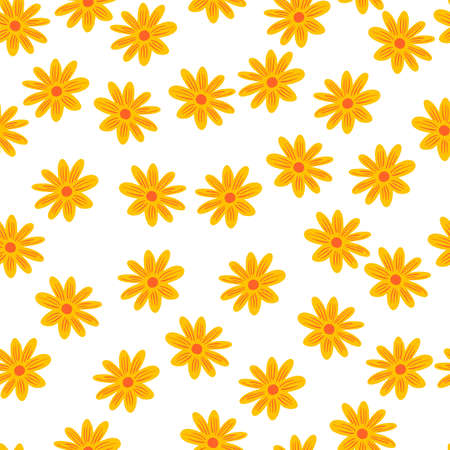 Bloom floral seamless pattern with yellow daisy flowers shapes. Isolated summer print. White background. Graphic design for wrapping paper and fabric textures. Vector Illustration.のイラスト素材