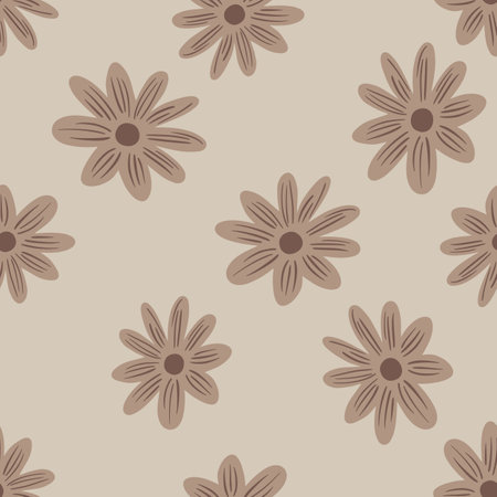 Nature seamless pattern with beige random daisy flowers ornament. Gray background. Field natural print. Graphic design for wrapping paper and fabric textures. Vector Illustration.のイラスト素材