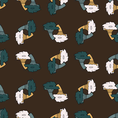 Organic seamless pattern with cantharellus cibarius mushroom print. Dark brown background. Stock illustration. Vector design for textile, fabric, gift wrap, wallpapersのイラスト素材