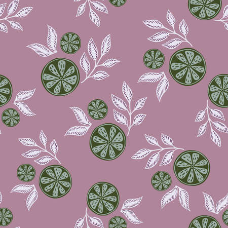 Random seamless summer pattern with green abstract lime slices print with leaves. Purple pastel background. Graphic design for wrapping paper and fabric textures. Vector Illustration.のイラスト素材
