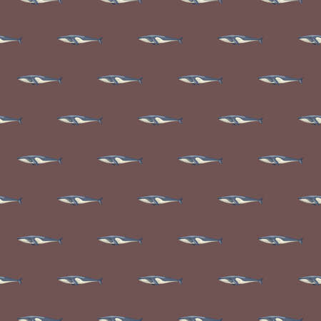 Seamless pattern Fin whale on brown background. Template of cartoon character of ocean for fabric.Repeated small geometric texture with marine cetacean.Design for any purposes.Vector illustrationのイラスト素材