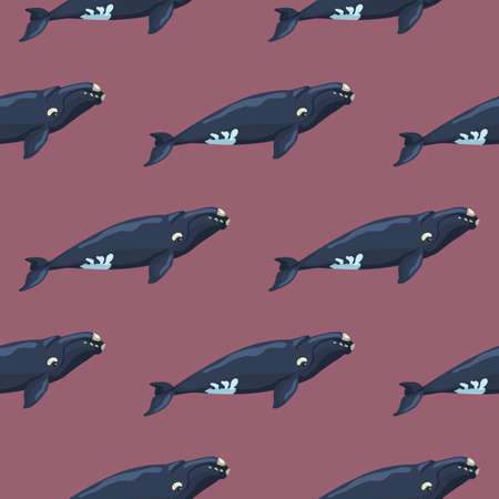 Seamless pattern right whale on pink background. Template of cartoon character of ocean for fabric. Simple repeated geometric texture with marine cetacean. Design for any purposes.Vector illustration.のイラスト素材
