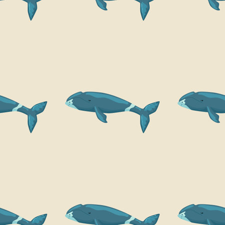 Seamless pattern Bow head whale on white background. Template of cartoon character of ocean for children. Repeated geometrical texture with marine cetacean. Design for any purposes. Vector illustrationのイラスト素材