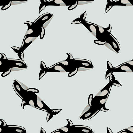 Seamless pattern Orca on gray background. Template of cartoon character of ocean for children. Repeated diagonal texture with marine cetacean. Design for any purposes. Vector illustration.のイラスト素材