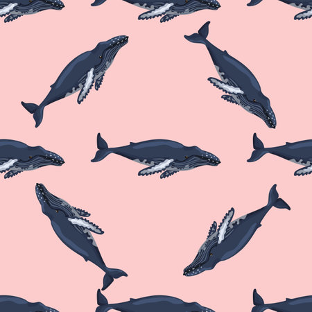 Seamless pattern Humpback whale on pink background. Template of cartoon character of ocean for children. Repeated diagonal texture with marine cetacean. Design for any purposes. Vector illustration.のイラスト素材
