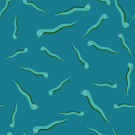 Fauna seamless pattern with random snakes shapes ornament. Blue background. Wild animal print. Stock illustration. Vector design for textile, fabric, gift wrap, wallpapers.のイラスト素材