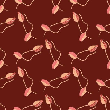Blossom nature seamless pattern with random abstract poppy bud silhouettes print. Maroon colors artwork. Stock illustration. Vector design for textile, fabric, gift wrap, wallpapers.のイラスト素材