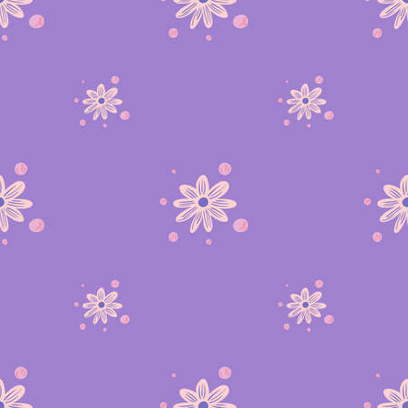 Minimalistic floral seamless pattern with pink chamomile small flowers ornament. Light purple background. Graphic design for wrapping paper and fabric textures. Vector Illustration.のイラスト素材