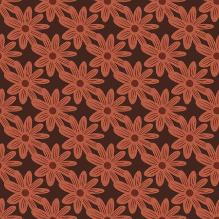 Organic seamless pattern with small daisy flowers ornament. Maroon dark background. Simple style. Graphic design for wrapping paper and fabric textures. Vector Illustration.のイラスト素材